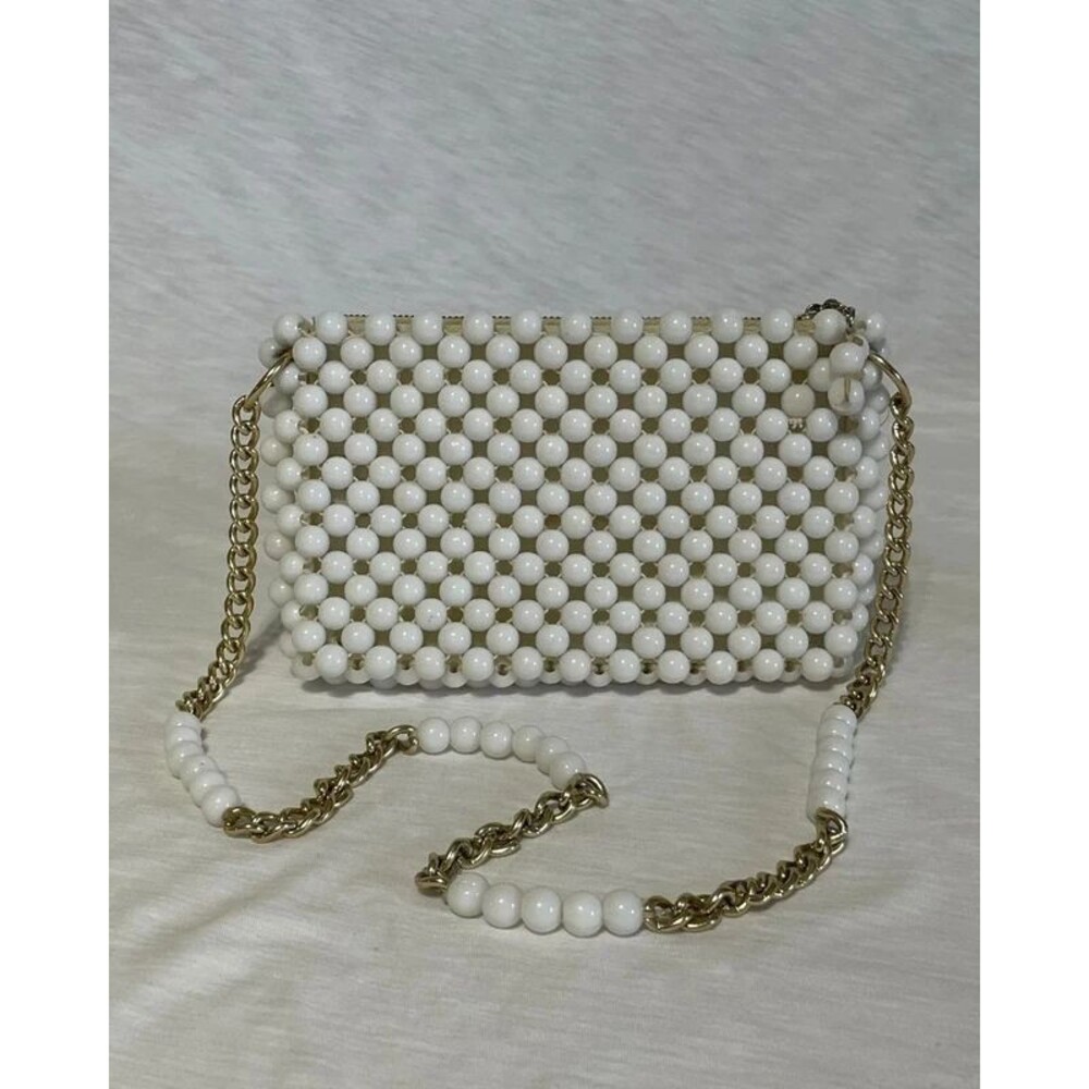 Vintage White Beaded Shoulder Bag Gold Chain Strap Hong Kong Evening Purse